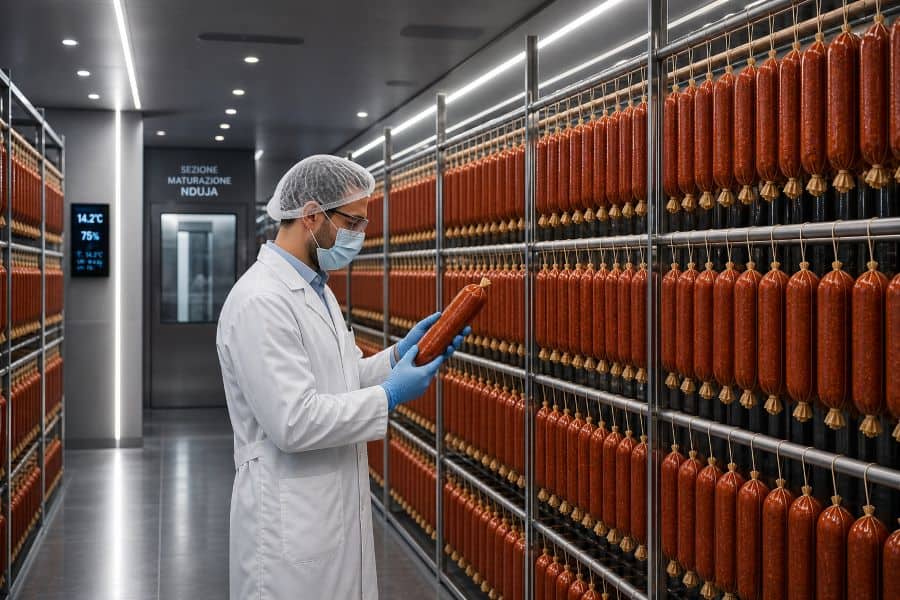 Worker inspecting Nduja Bella sausages in production facility.